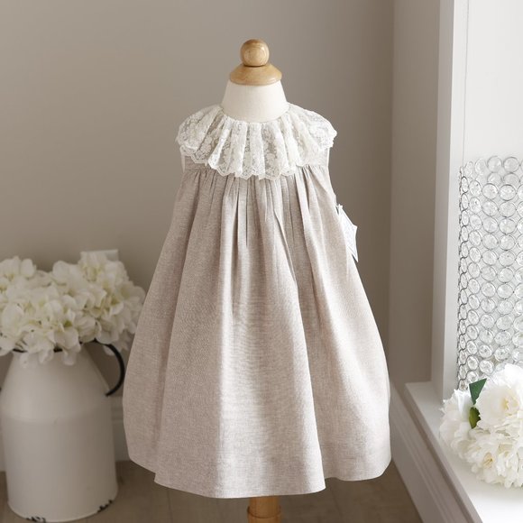 Linen Dress Girls Flax Bailey Boys Boutique Vintage Lace Trim LIKE NEW - Picture 7 of 8